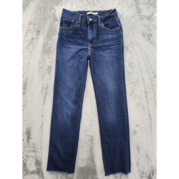 Levi's 534 High Rise Straight Leg Jean Size 26 Blue Dark Wash Raw Hem Stretch - Picture 1 of 16